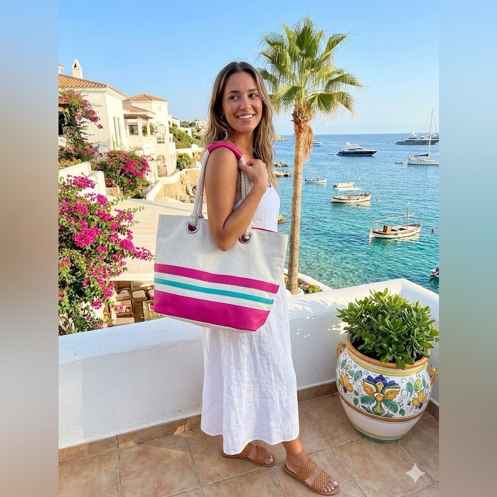 Canvas Tote Handbag Large Pink Striped Braided Rope Straps